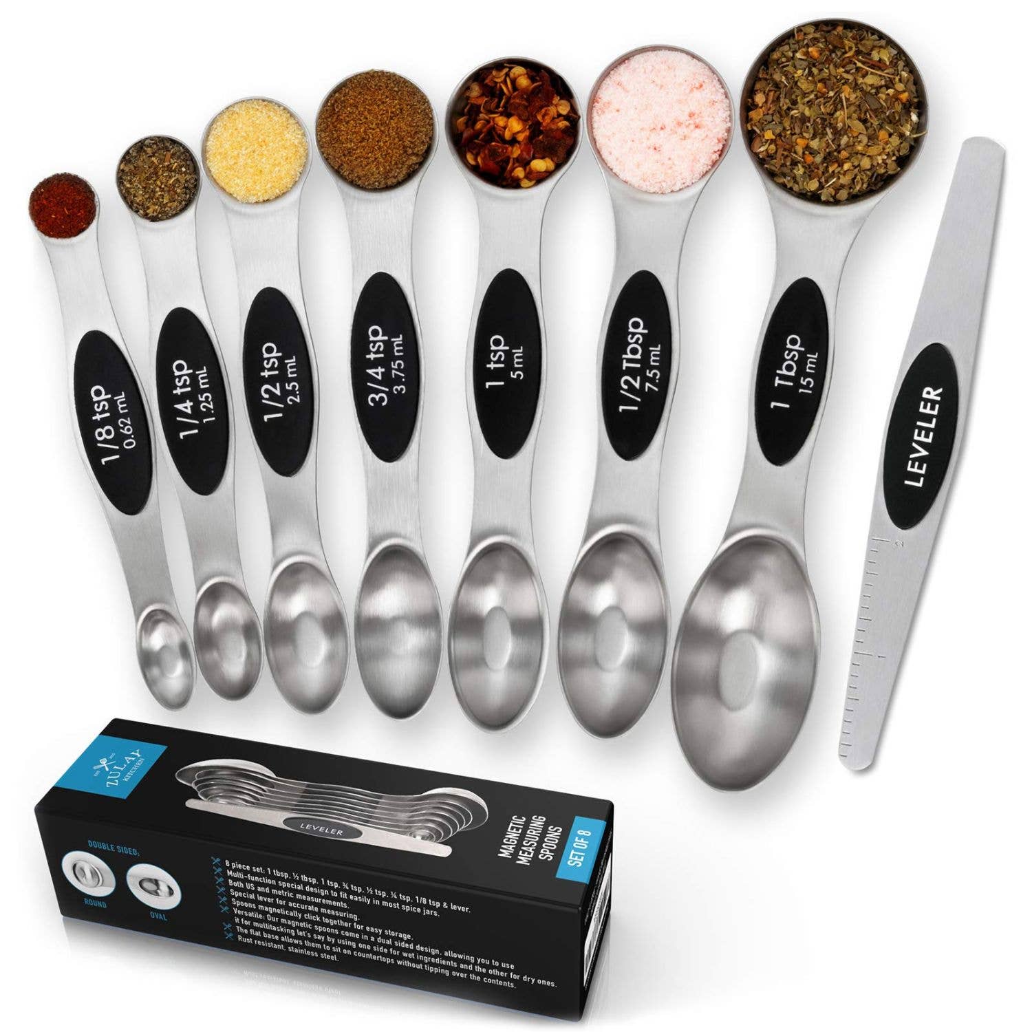 Zulay Kitchen Premium Stainless Steel Magnetic Measuring Spoons 8 Pc Set