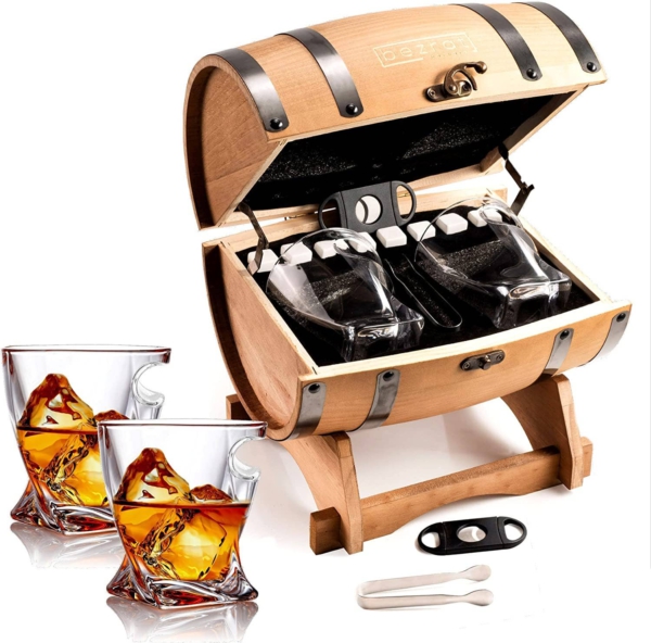 Bezrat Whiskey Glasses And Accessories In Whiskey Barrel Gift Box