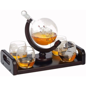 Bezrat Etched Globe Whiskey Decanter Set + 4 Whisky Glasses