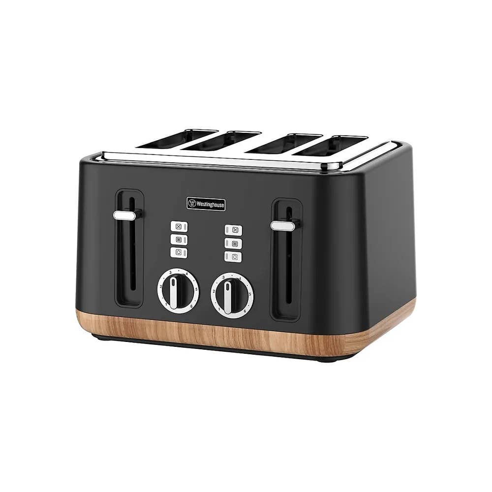 Westinghouse 4 Slice Toaster With Crumb Tray, Black And Faux Wood Series