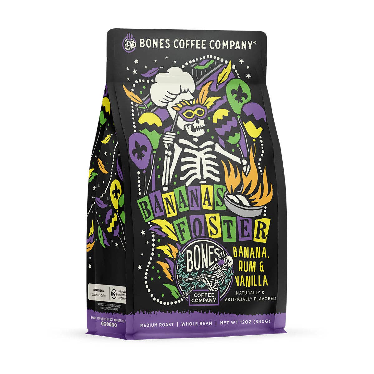 Bones Coffee Company Bananas Foster Flavored Coffee | 12oz | Whole Bean & Ground