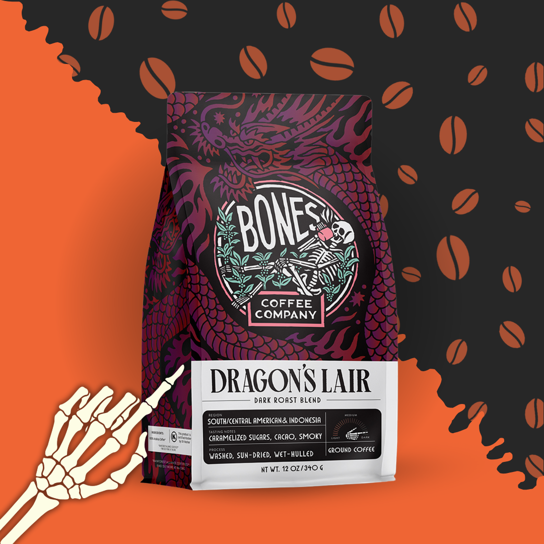 Bones Coffee Company Dragon's Lair Dark Roast Coffee | 12oz | Whole Bean & Ground